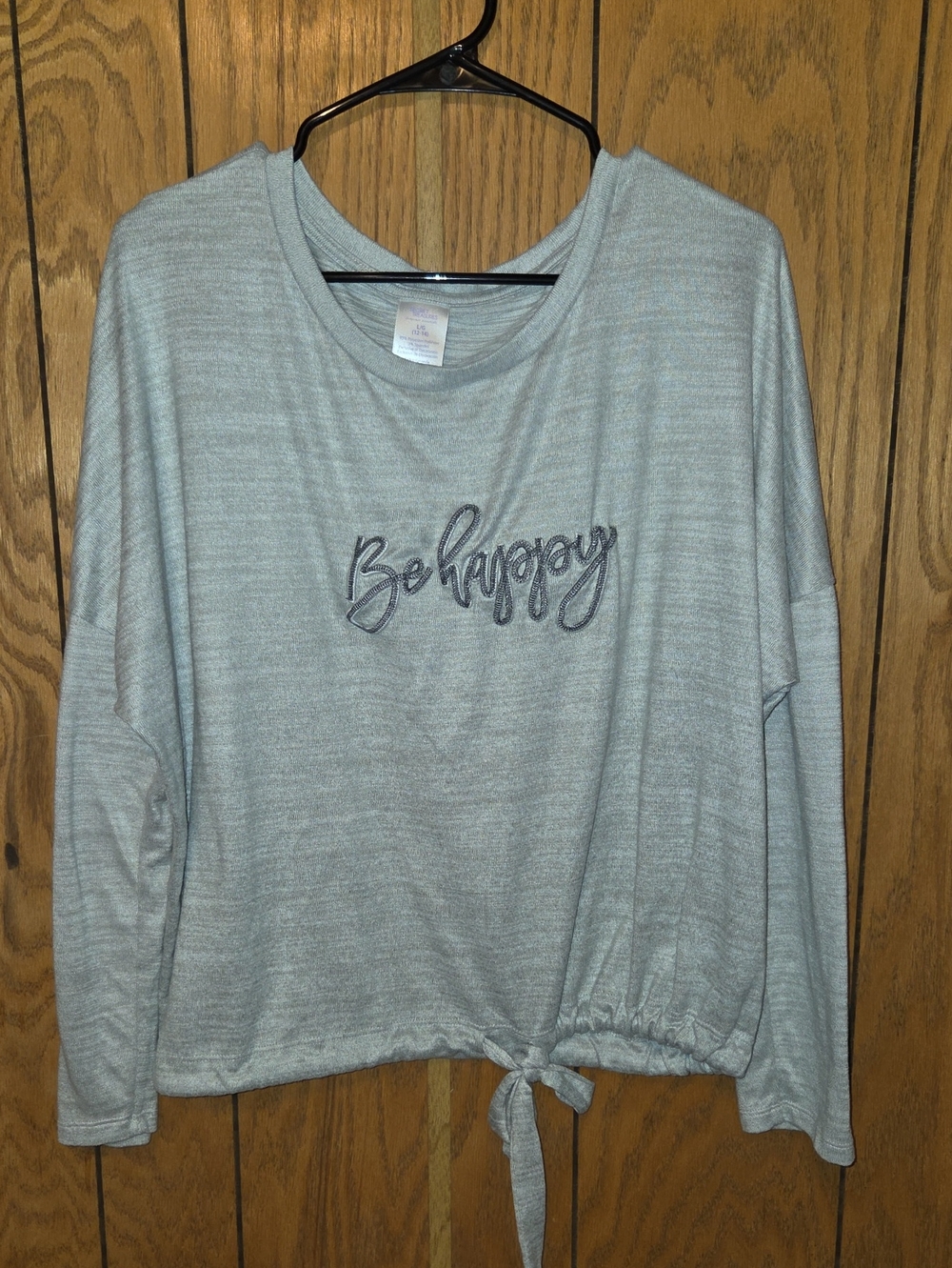 Secret Treasures Light Gray "Be Happy" Tie-Hem Long Sleeve Top
